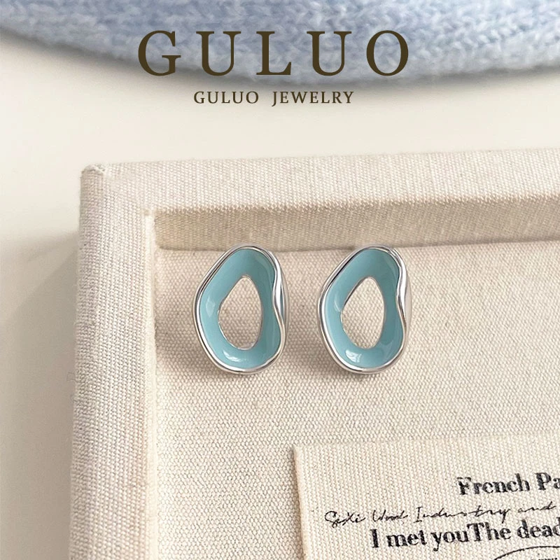 铜合金珐琅耳饰 蓝色冰川镂空几何耳钉女2025年新款小众百搭耳饰