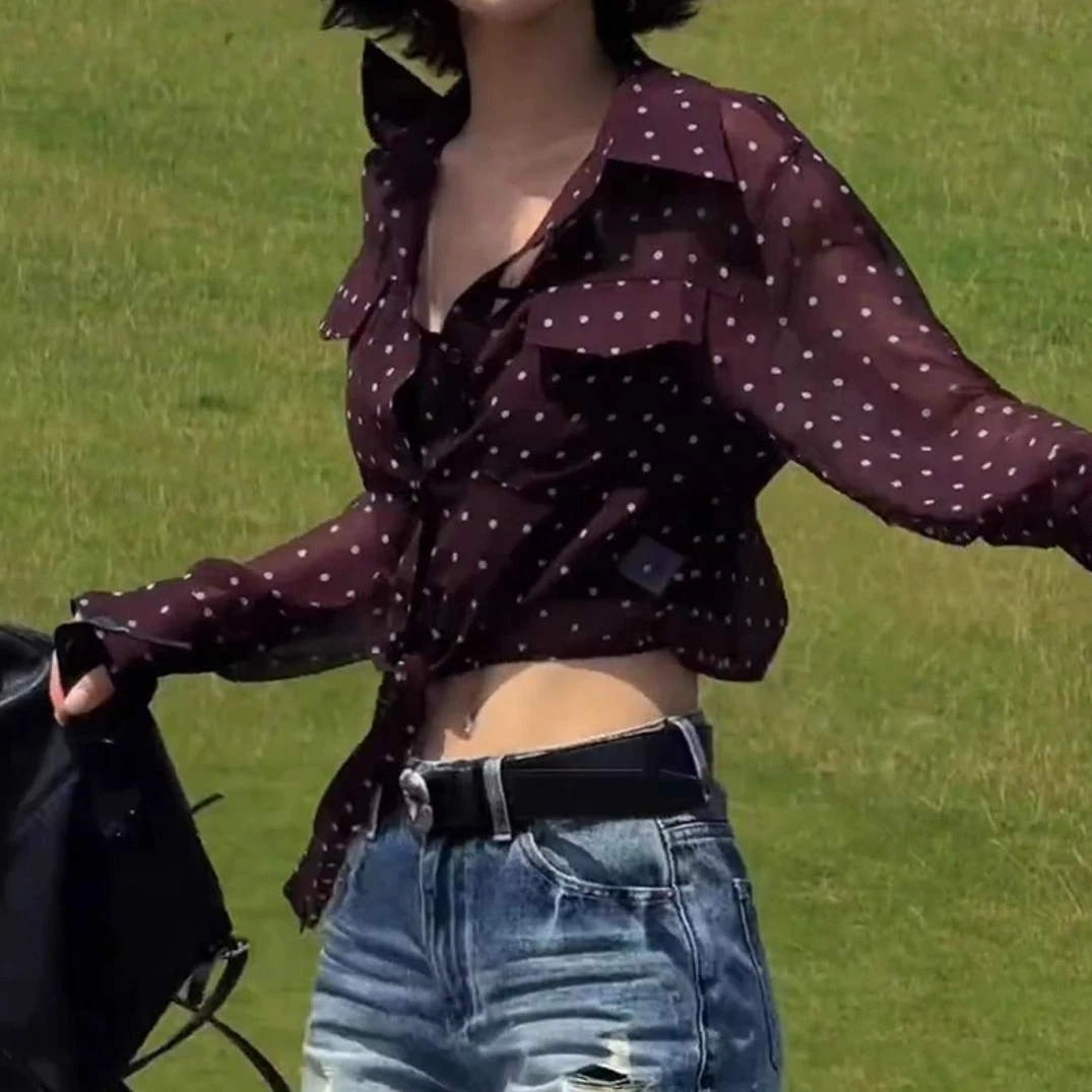 夏季新款波点时尚长袖防晒衬衫女款上衣短款小衫紫色圆点气质