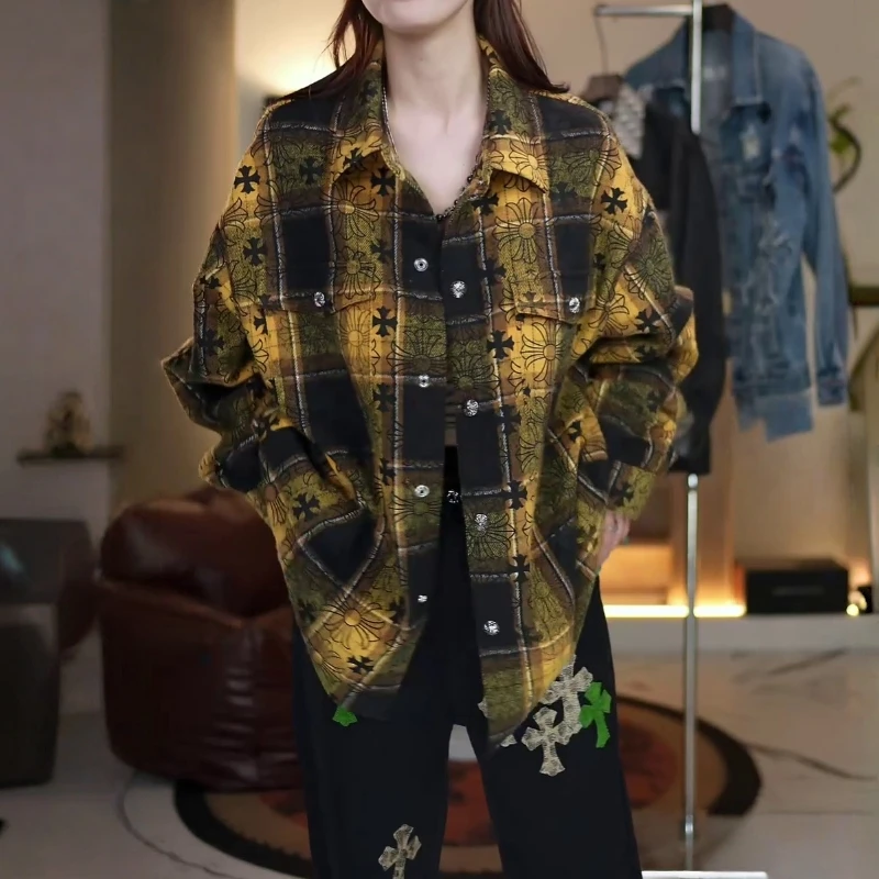 美式复古格子长袖衬衫女秋季设计感衬衣拽姐风防晒外套中长款上衣