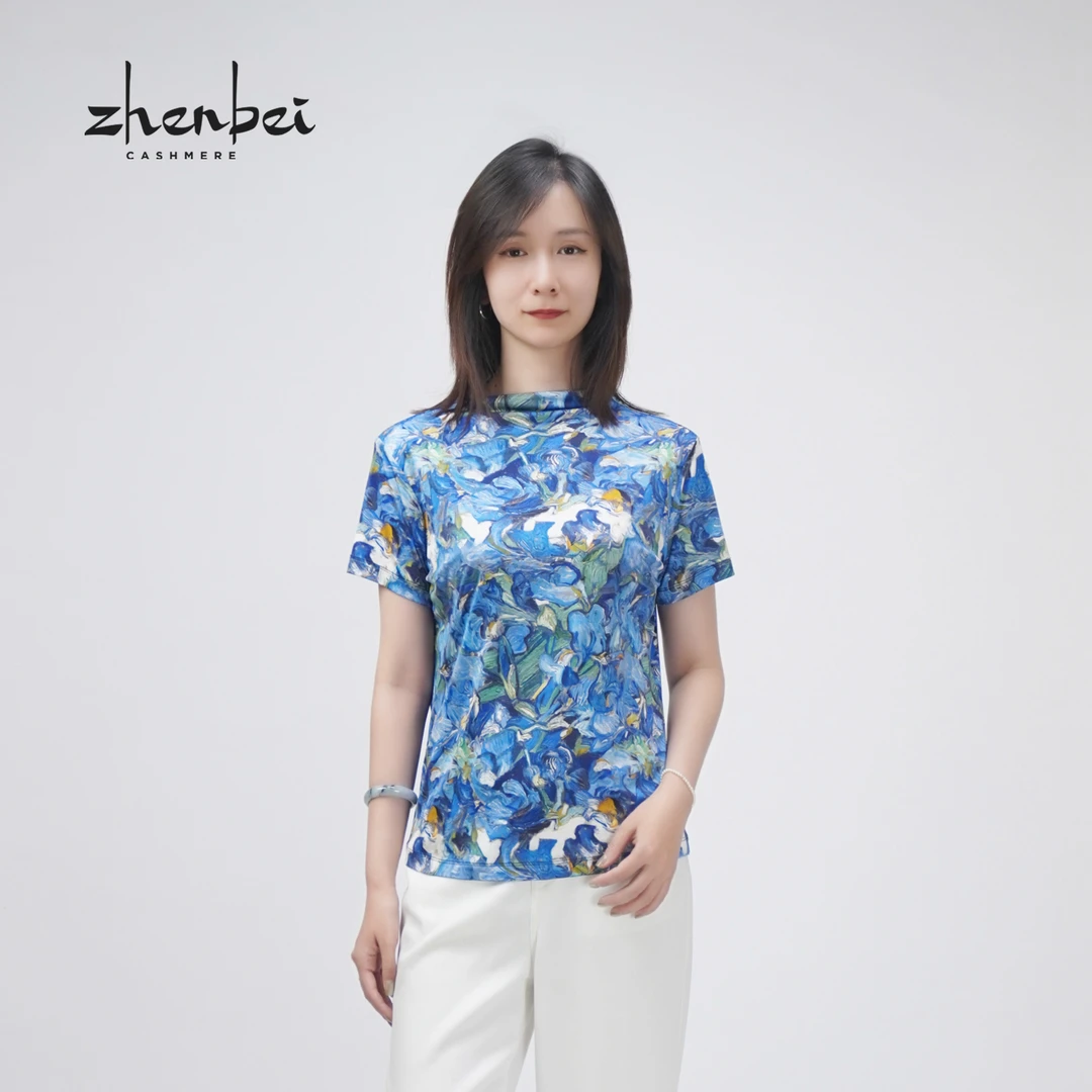 ZB/珍贝春夏新款 印花连领时尚休闲针织气质短袖衫/45668