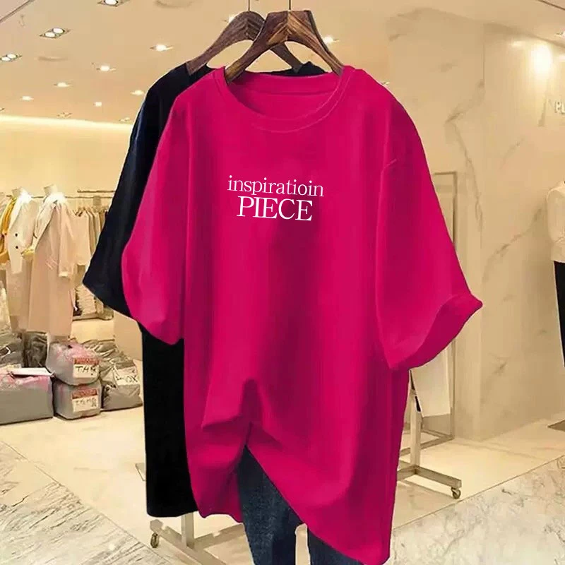 大码宽松字母印花短袖t恤女夏季韩版新款圆领遮屁股显瘦纯棉上衣