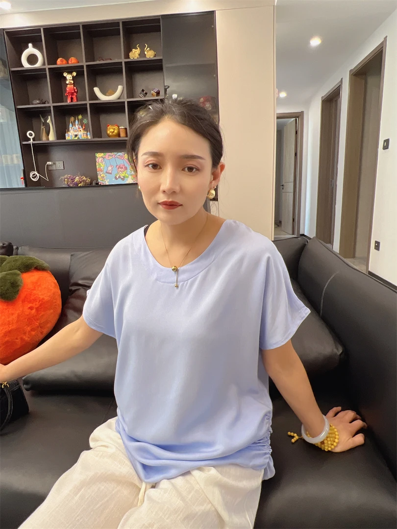 人造棉圆领上衣时尚短袖宽松纯色绵绸衬衣年轻款外穿抽绳上衣女款