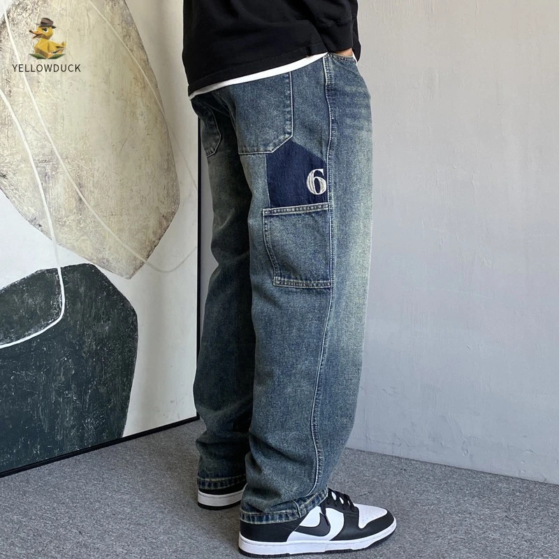 秋季美式休闲痞帅重磅刺绣复古工装牛仔裤男直筒宽松百搭阔腿裤子