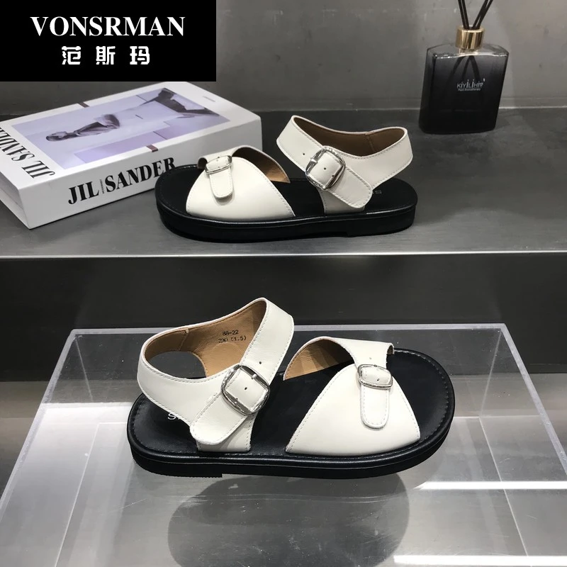 夏季新款羊皮平底凉鞋女款外穿时尚百搭休闲一字带露趾罗马凉鞋女