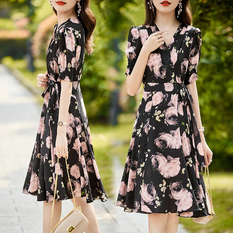 2025年夏季中长款潮流舒适收腰优雅气质百搭洋气连衣裙碎花裙子