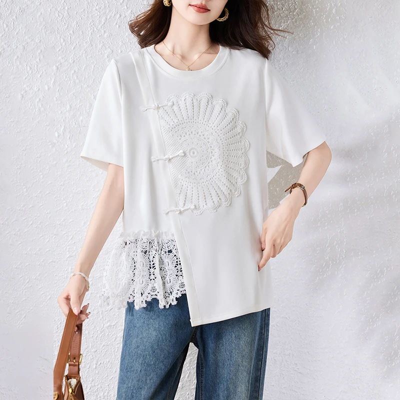 【女神新衣】新中式蕾丝短袖T恤女2025夏季新款气质小衫大码上衣