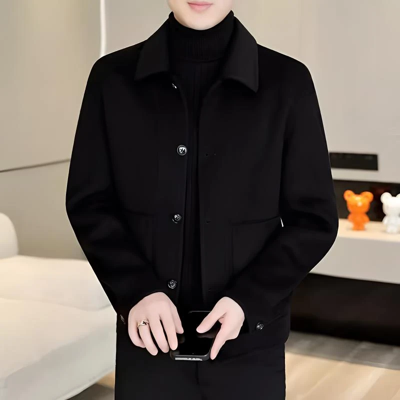 CQV轻奢翻领羊毛外套潮流帅气短款呢子夹克男士秋冬季双面呢大衣