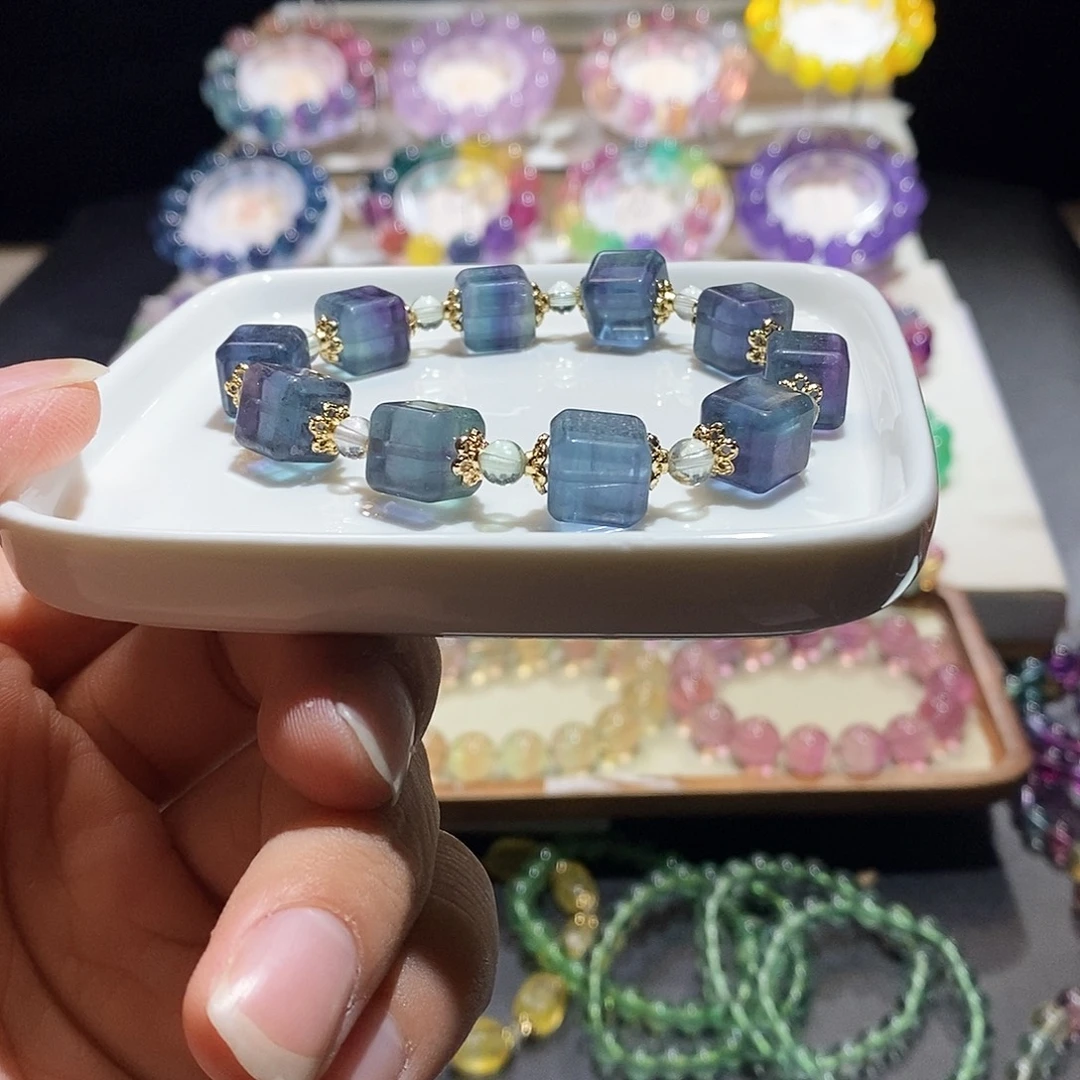 萤石手链未镶嵌鬼蓝色方糖10mm