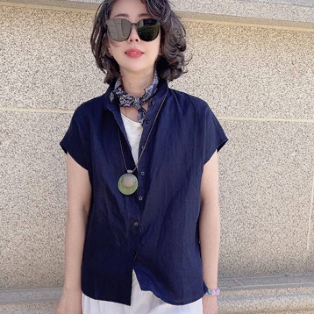 百搭款纯色短袖亚麻衬衫