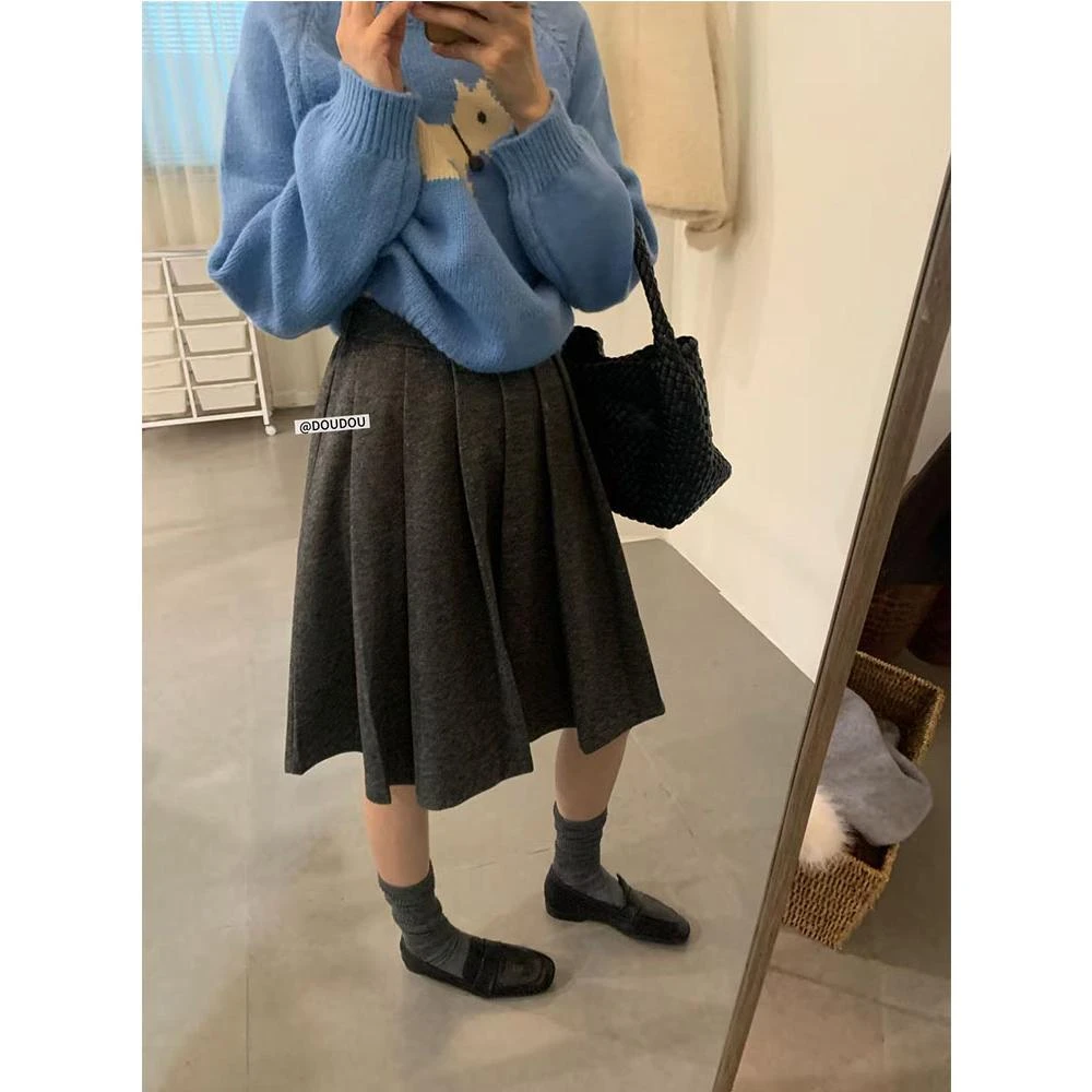 1018韩系百搭咩咩百褶裙中裙知识分子2025秋冬显瘦毛呢半身裙女