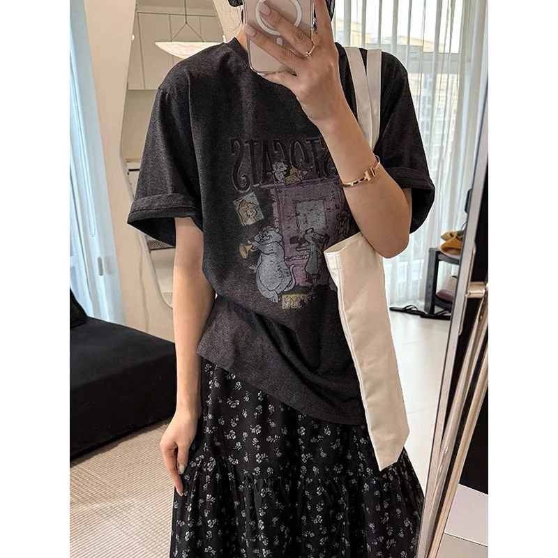 复古9717做旧印花大版T恤女欧洲站2025早春新款欧货女装洋气