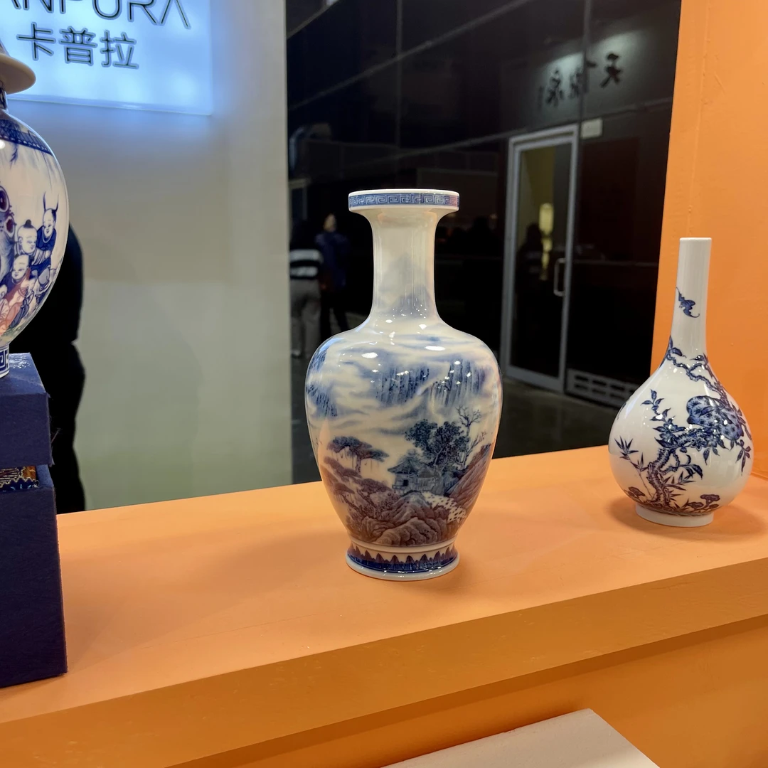 钟家窑 柴窑 纯手绘 青花 山水人家 胆瓶