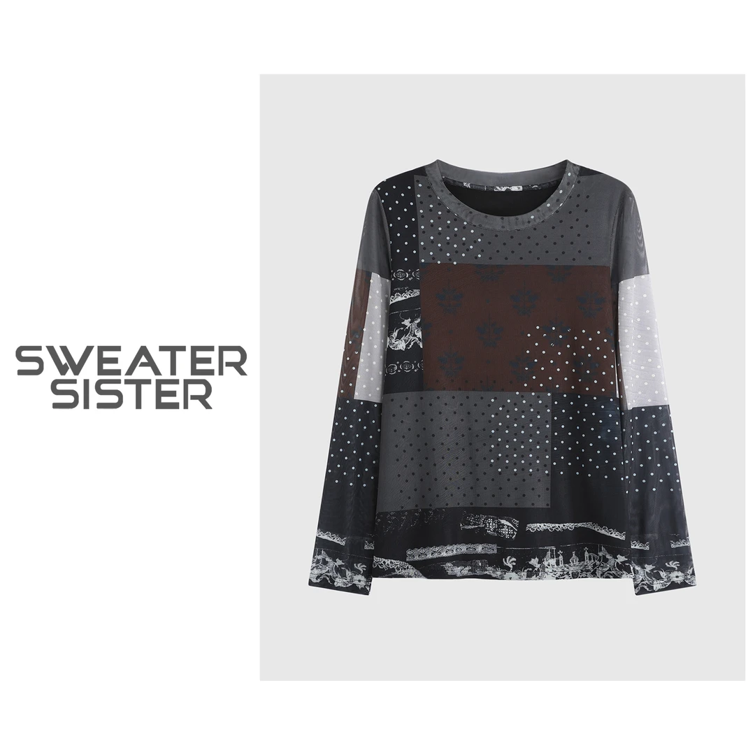 轻奢圆领网纱显瘦打底衫宽松舒适长袖T恤女437-8301