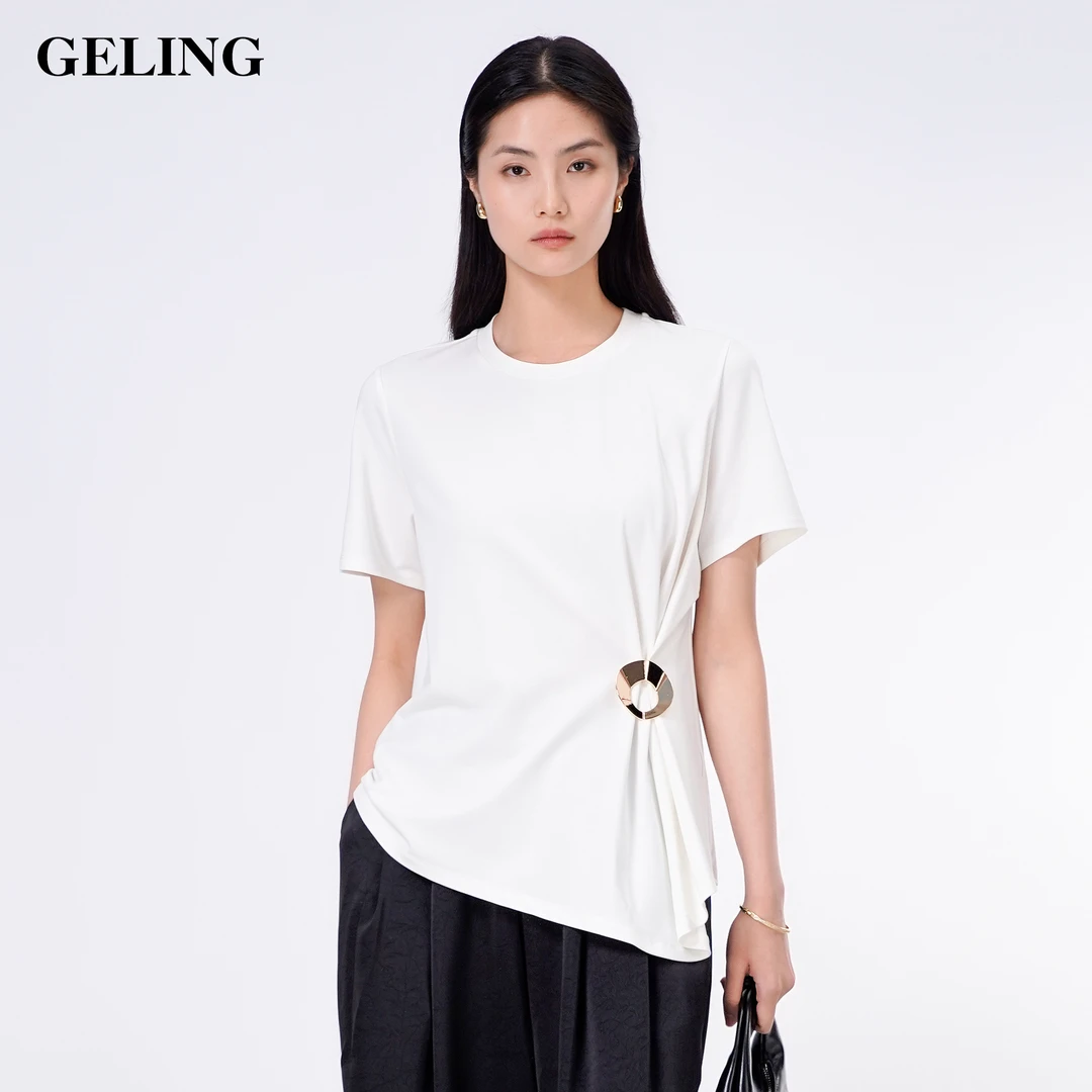 GELING/歌&玲白色休闲女士夏季春夏简约不规则金属扣T恤G512W136T