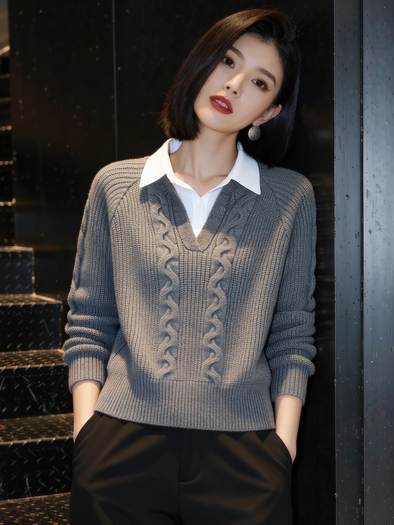2025冬季新款气质显瘦麻花纹假两件针织衫女士灰色时尚百搭毛衣潮
