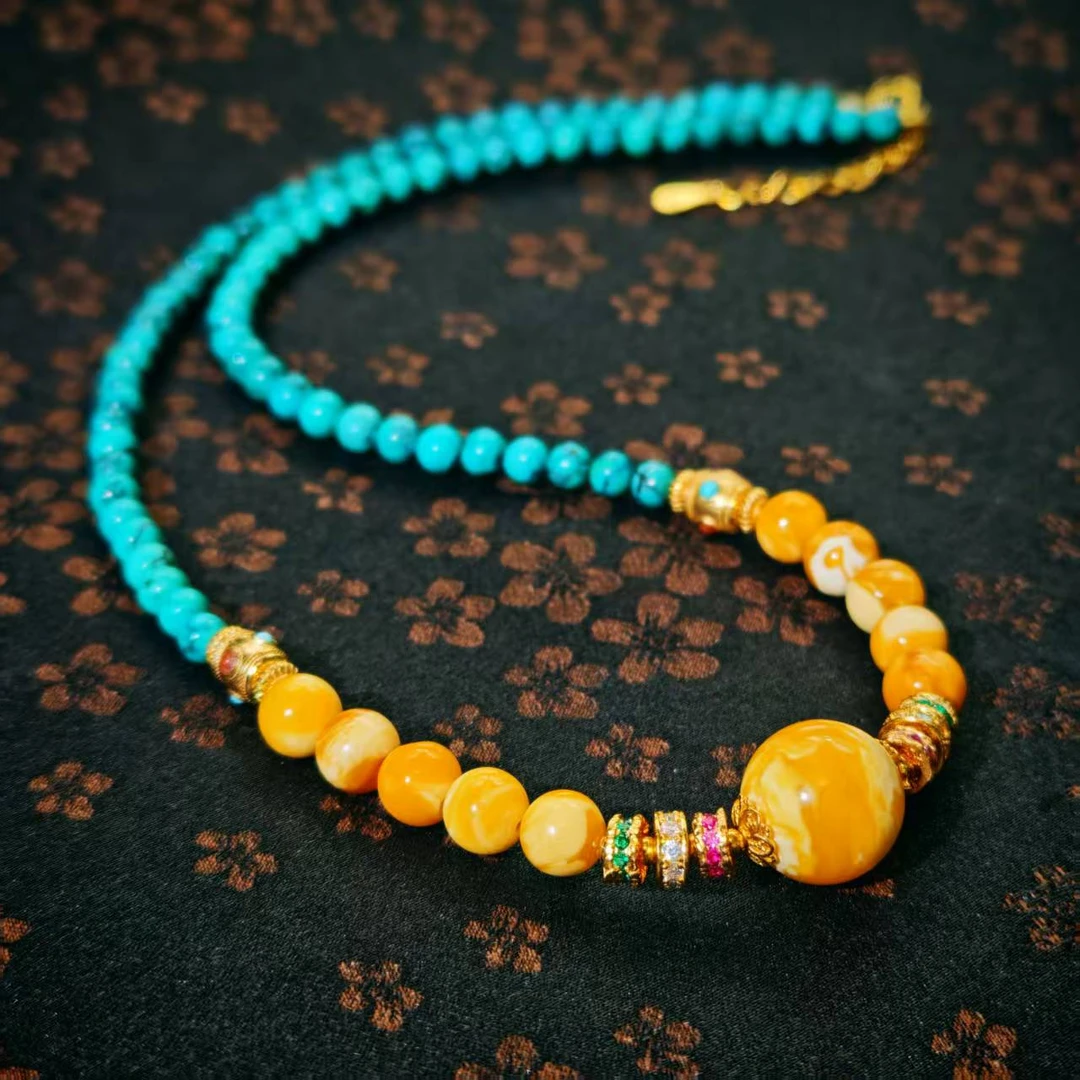 【珺笙珠宝】虎皮妖花蜜蜡配 爆蓝绿松石网纹圆珠项链S60021053001