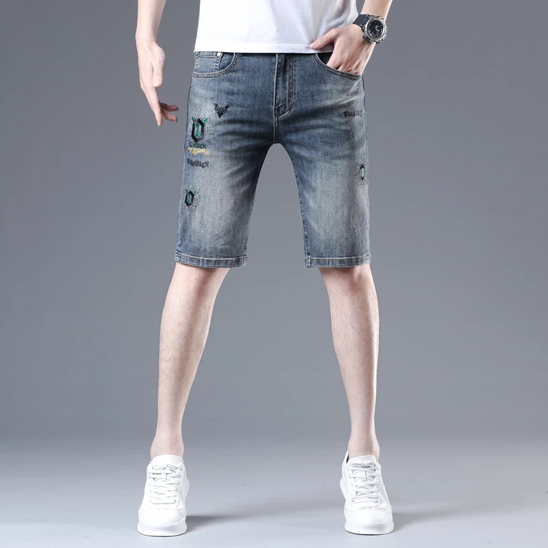 约文库费高端时尚春夏季男士牛仔短裤刺绣弹力修身百搭五分中裤子