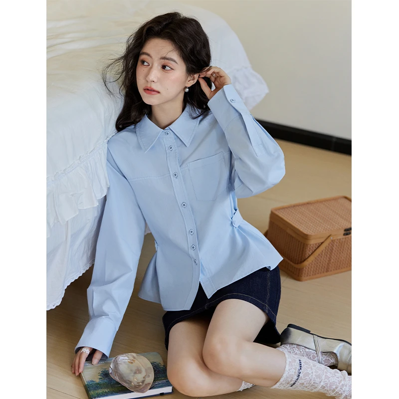 谜秀法式蓝色衬衫女长袖2025春季新款翻领设计感收腰百搭衬衣