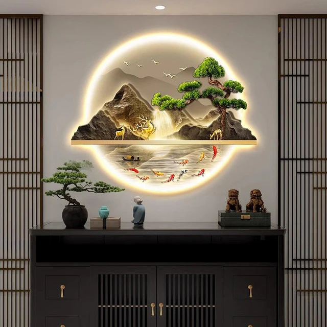 新中式入户玄关装饰画流水生财山水画带灯走廊过道挂画迎客松壁画