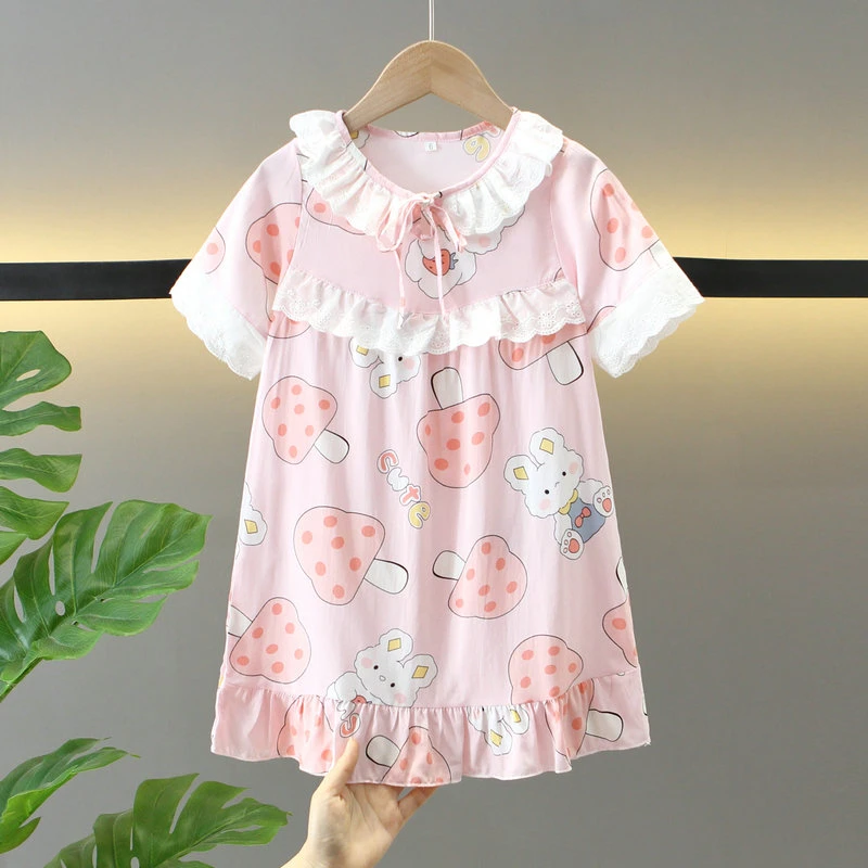 夏季棉绸儿童睡裙女童宝宝中大童人造棉家居服绵绸睡衣连衣裙薄款