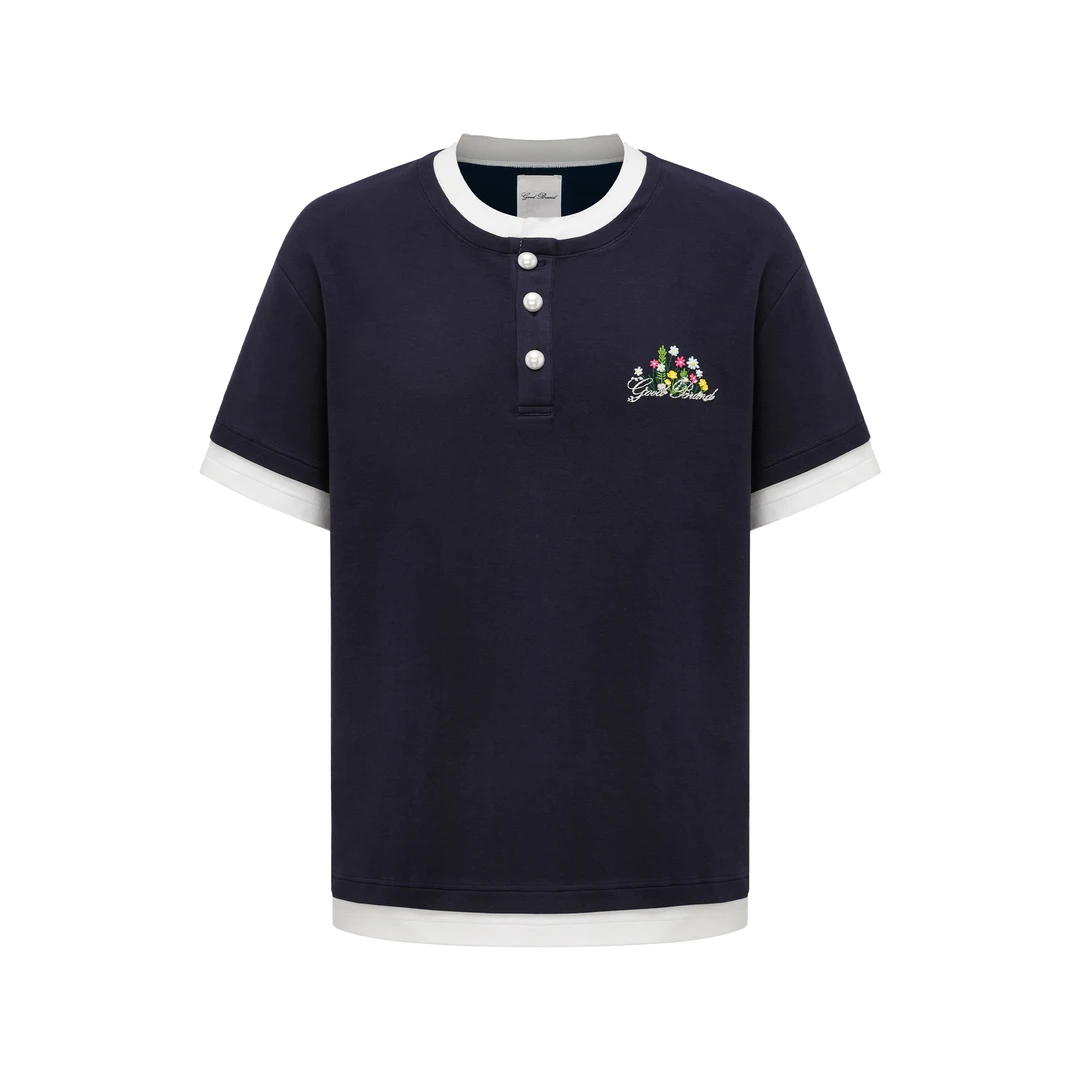 GB-GOODBRAND 2025SS YM 假两件立体花卉刺绣亨利领时尚短袖