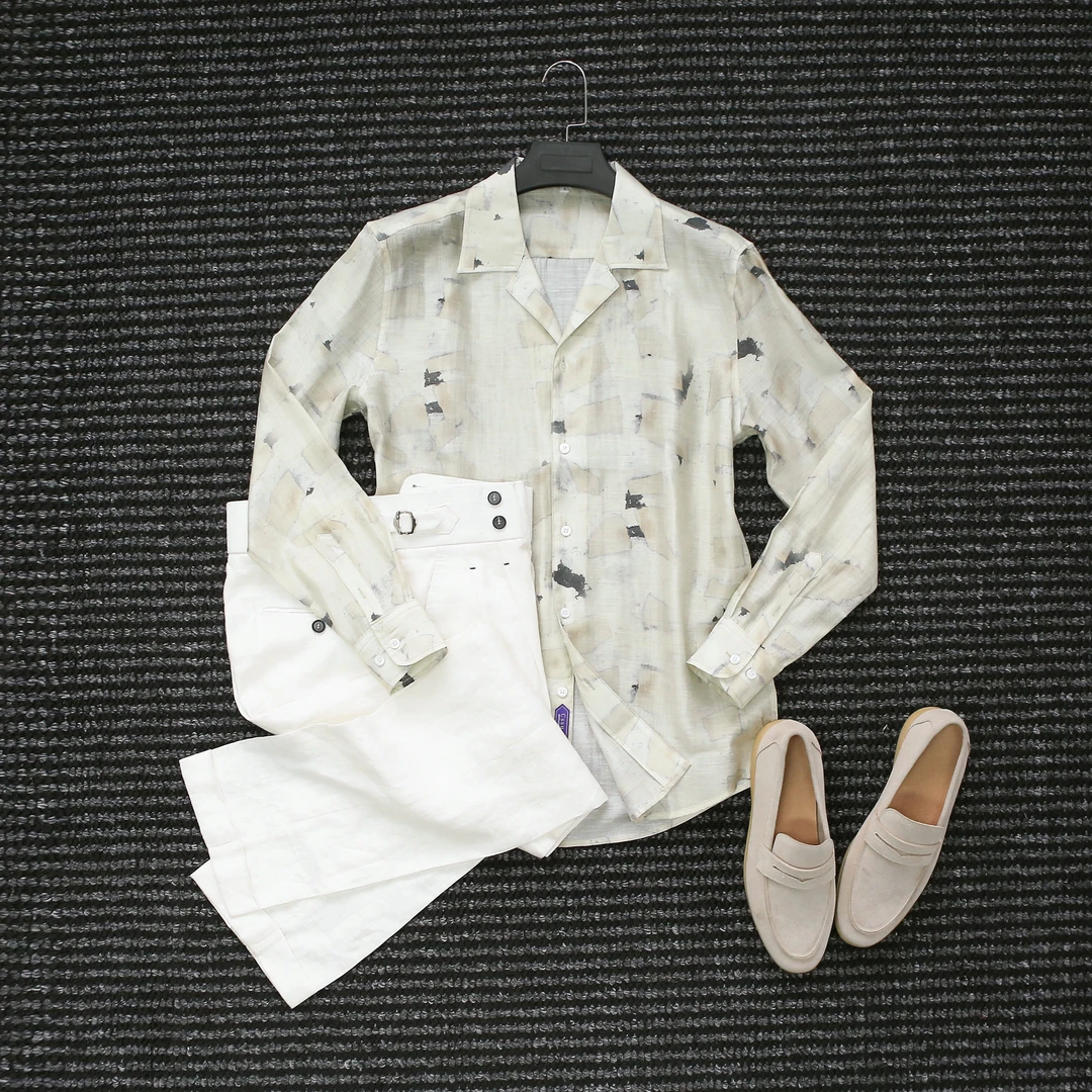 CssuGent夏季古巴领凉感醋酸天丝印花衬衫复古微透防晒衬衣免熨烫