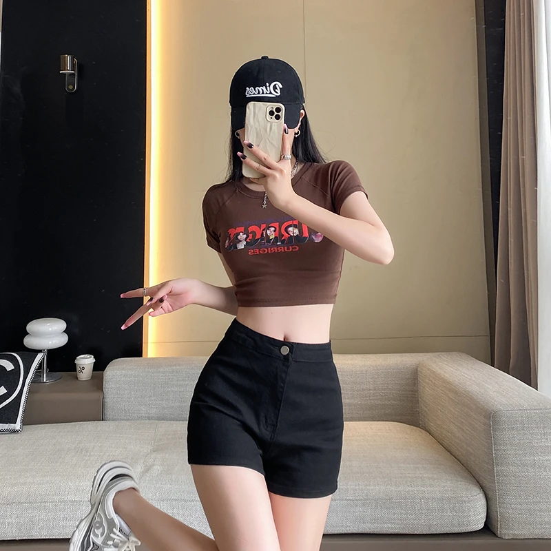 黑色女款辣妹短款修身牛仔短裤显瘦高腰性感夏季超短露脐包臀薄款