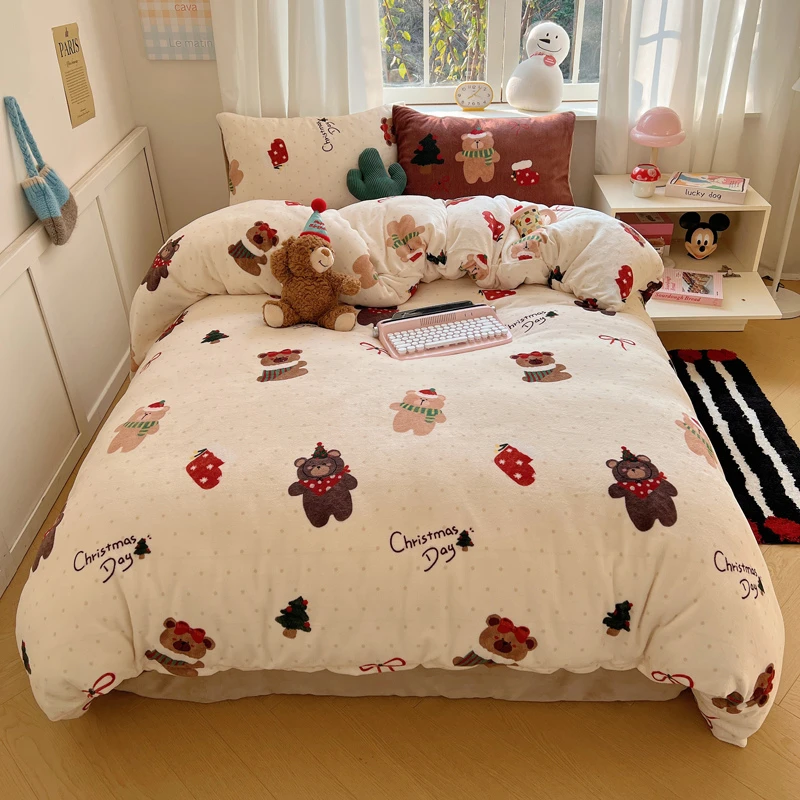 ins卡通限定加厚牛奶绒四件套 冬季新款牛奶绒被套加绒三件套