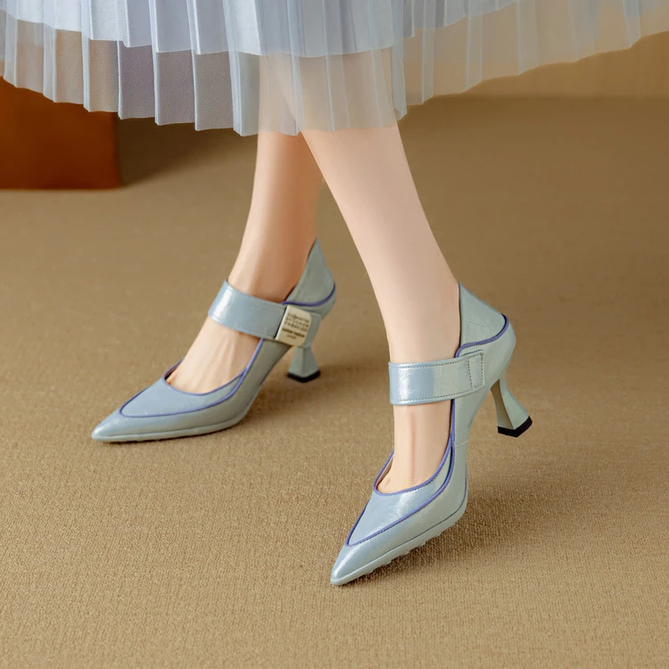 邓老板7cm运动底牛皮浅口鞋尖头高跟港风单鞋玛丽珍气质女鞋7177