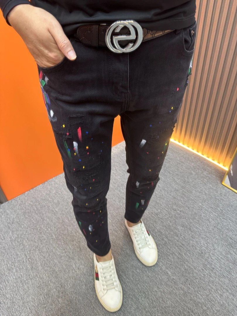 秋冬黑色牛仔裤裤子破洞泼墨弹力修身小脚时尚个性加厚韩版休闲裤