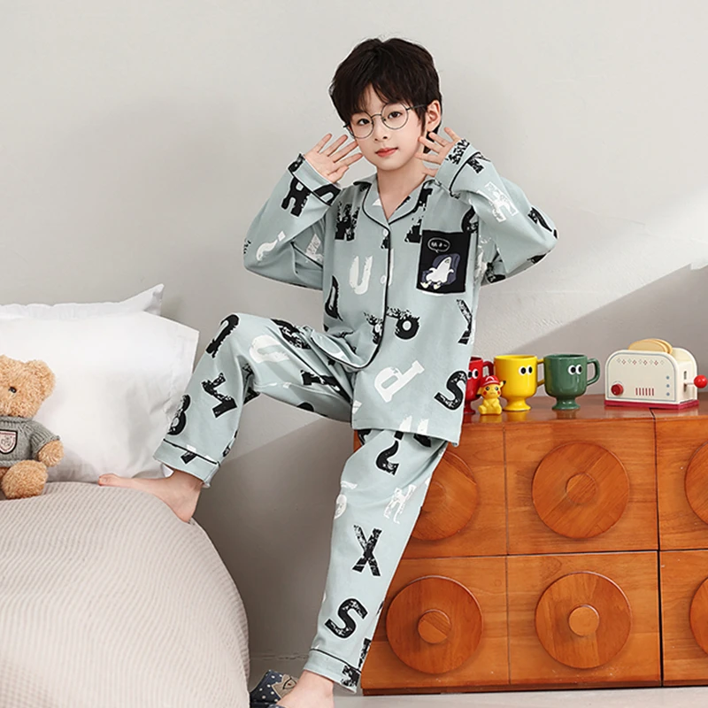 男童睡衣儿童春秋季棉涤薄款长袖套装中大童男孩6-12岁卡通家居服