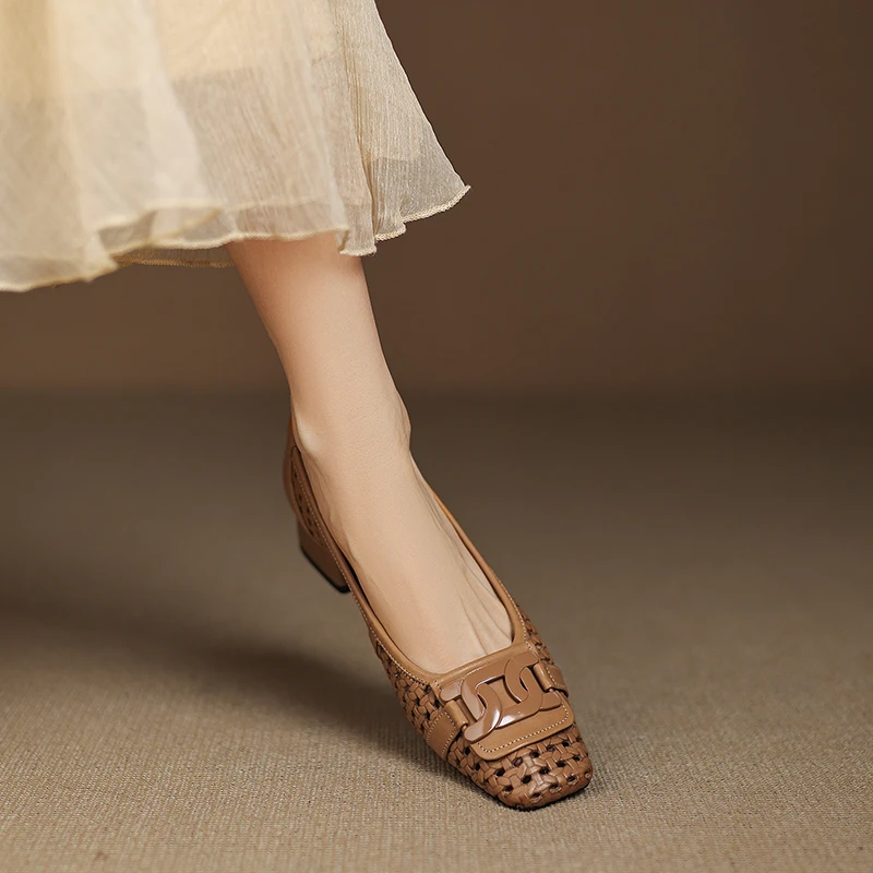 4cm~法式复古粗跟真皮洞洞鞋镂空透气浅口单鞋女夏季高跟鞋配裙子