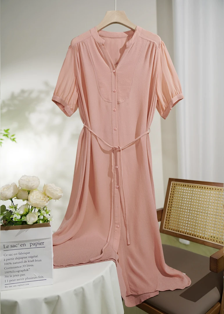 【星枫】100%桑蚕丝鬼皱宽松纯色气质轻奢显瘦时尚连衣裙L6992