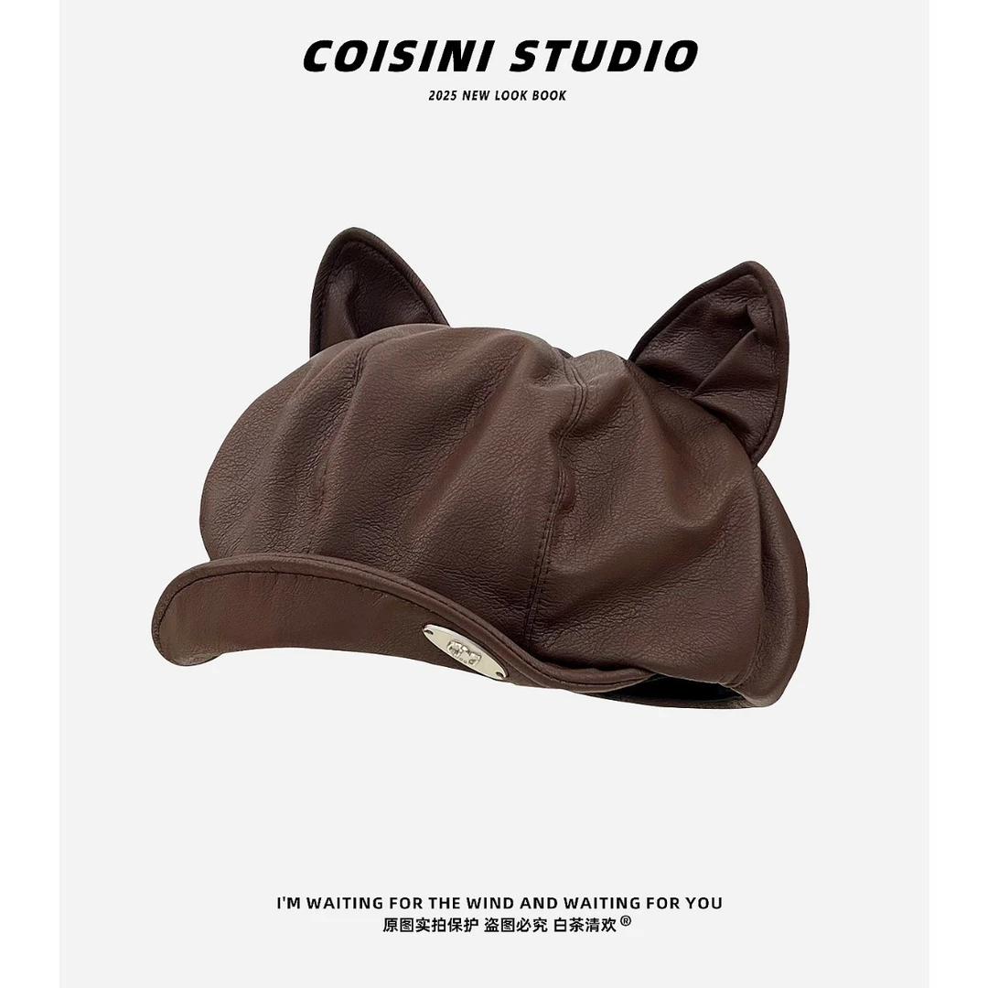 2025新款日系复古可爱猫耳朵皮质贝雷帽子女秋季甜酷百搭画家帽潮