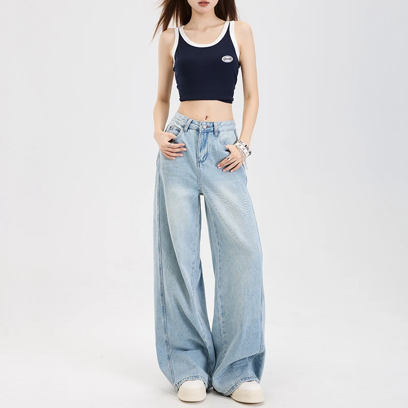 复古浅色直筒牛仔裤女2025春季新款美式高腰宽松设计拖地阔腿裤子