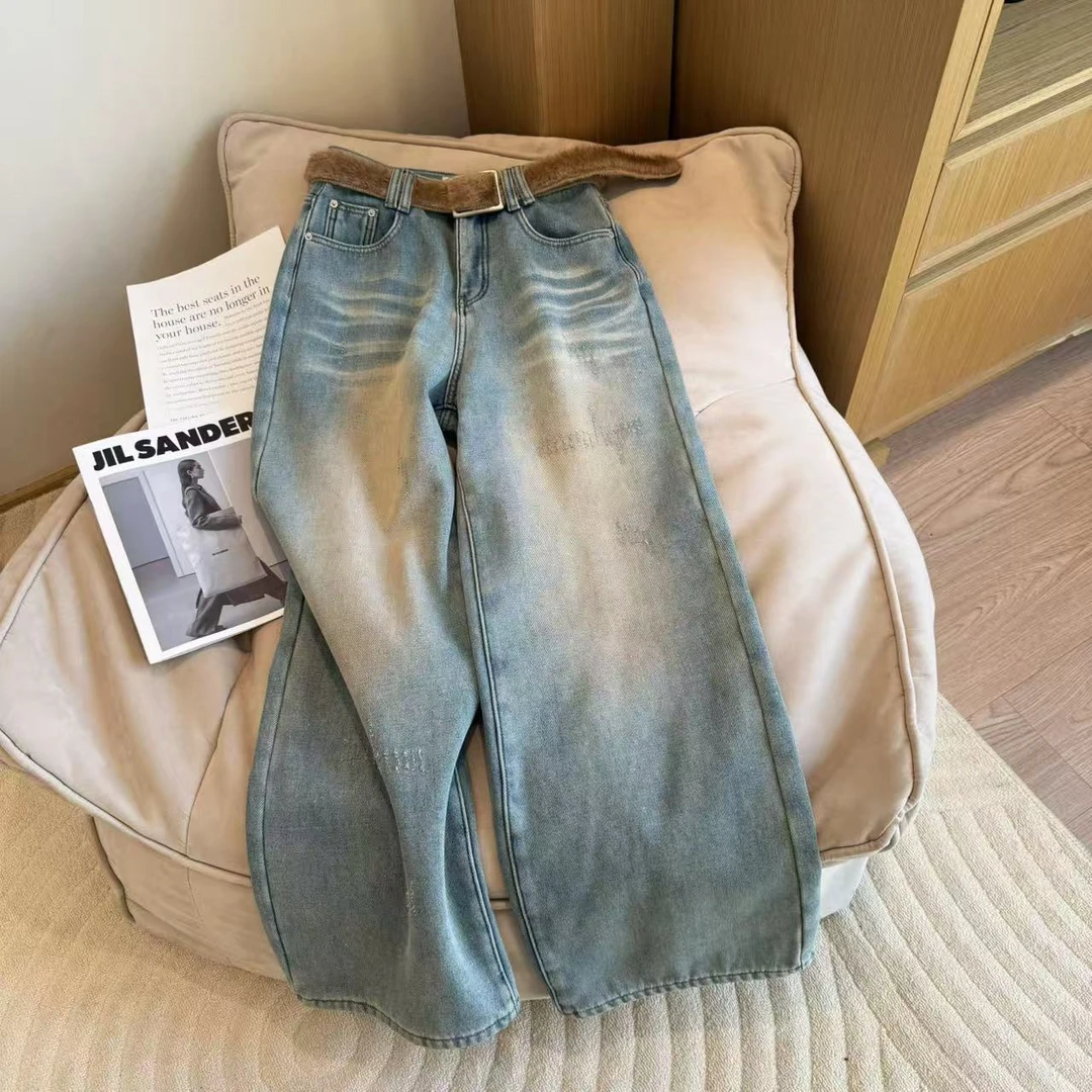 【豆子推荐】2130 加绒做旧潮流细闪高腰牛仔裤百搭直筒阔腿裤