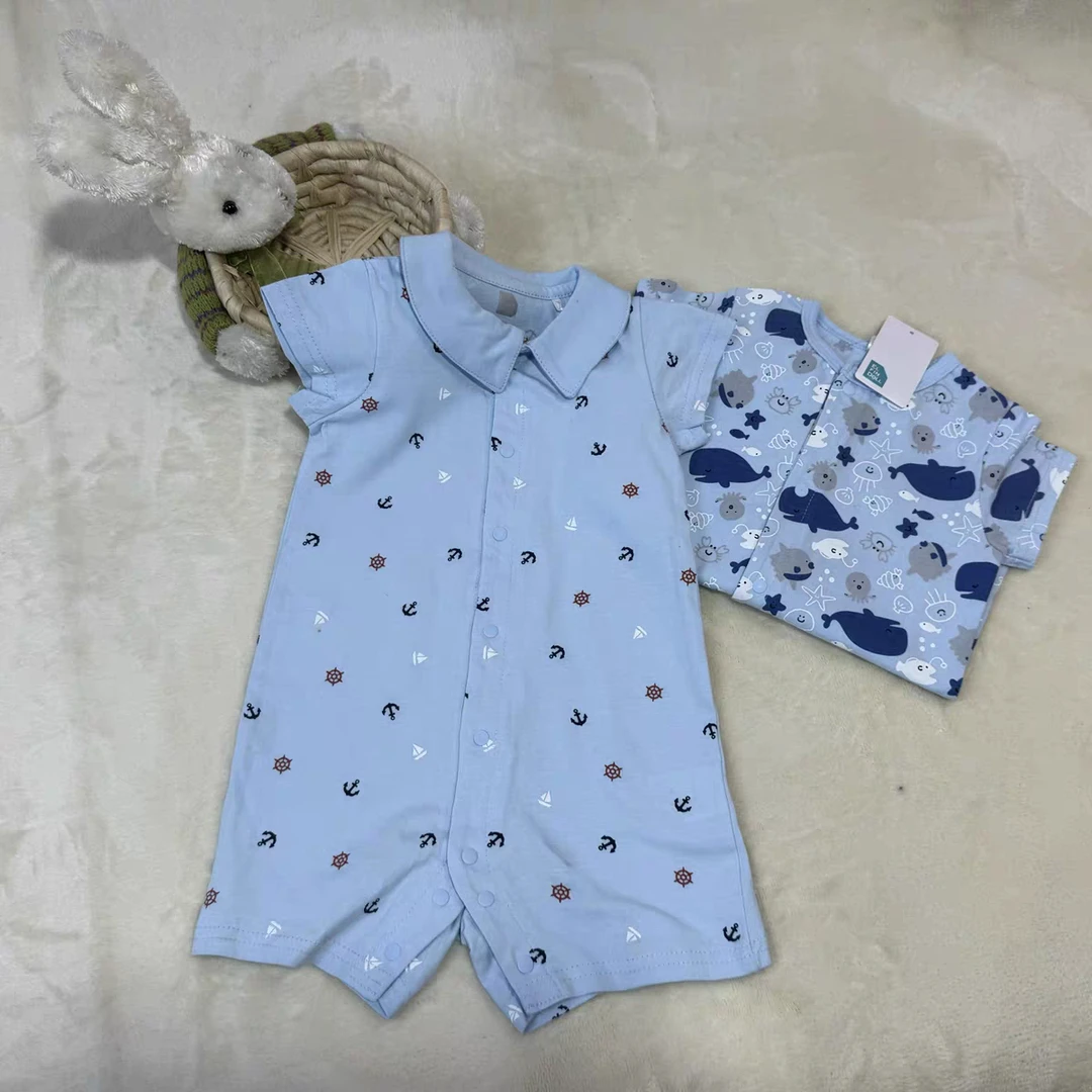 中性学院风夏季短袖简约爬服哈衣夏款印花满印男童