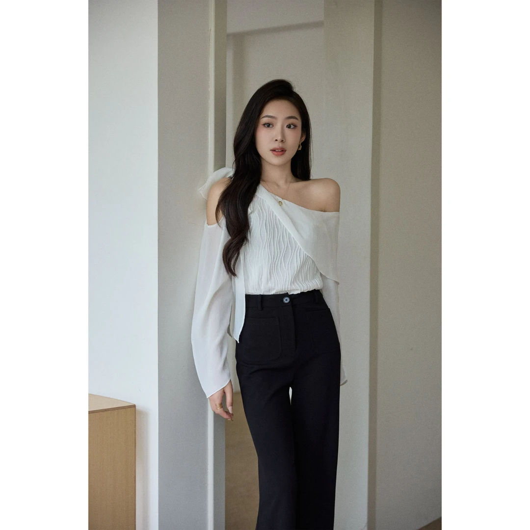 MEINA【晨雾百合】法式露肩设计感打底衫长袖显瘦百搭高级内搭上衣