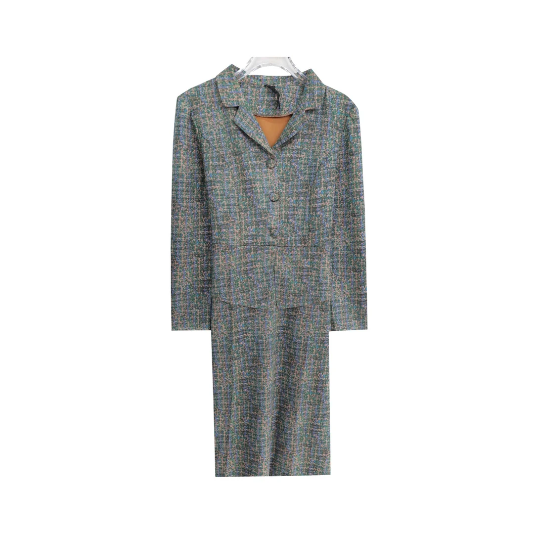 古典油画风假两件设计感三粒扣通勤连衣裙S3996