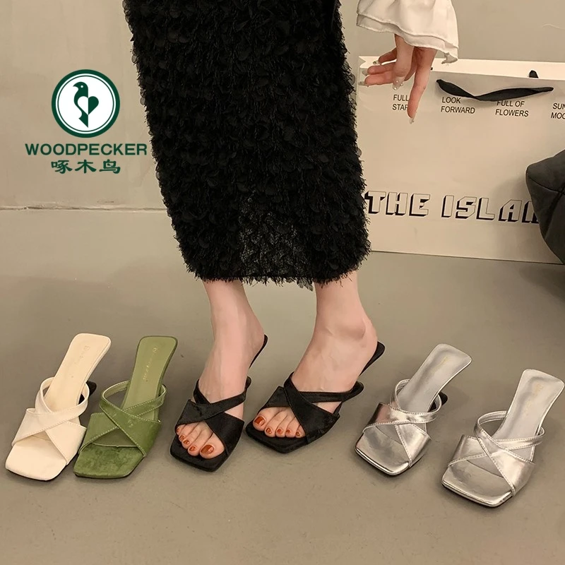 啄木鸟法式高跟小众拖鞋女2025春夏季新款百搭外穿方头露趾凉拖鞋