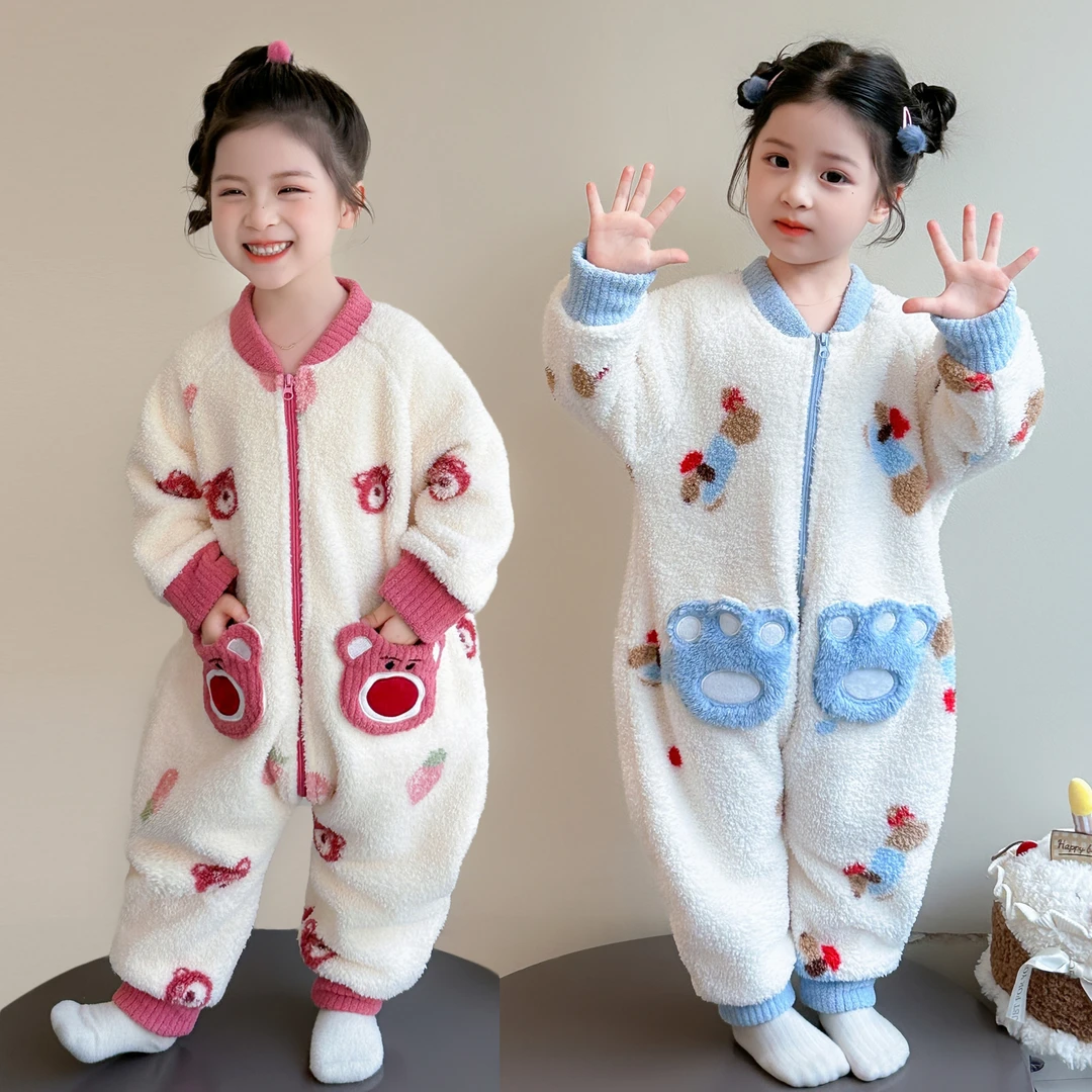 儿童连体睡袋秋冬季加厚婴儿防着凉女童法兰绒家居服冬款卡通睡衣
