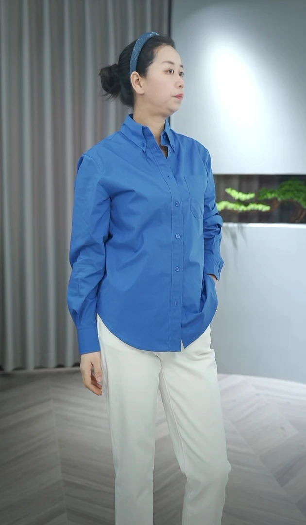 【衣长69-71】府绸克莱因蓝文艺职场翻领春款衬衫9901