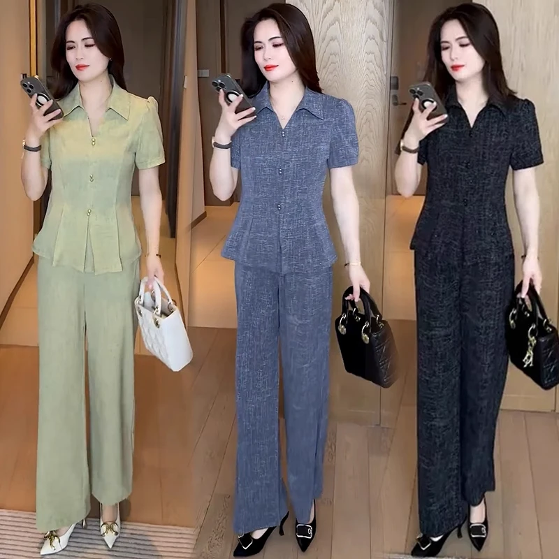 时尚套装女2025夏季新款洋气收腰显瘦短袖polo领衬衣阔腿裤两件套