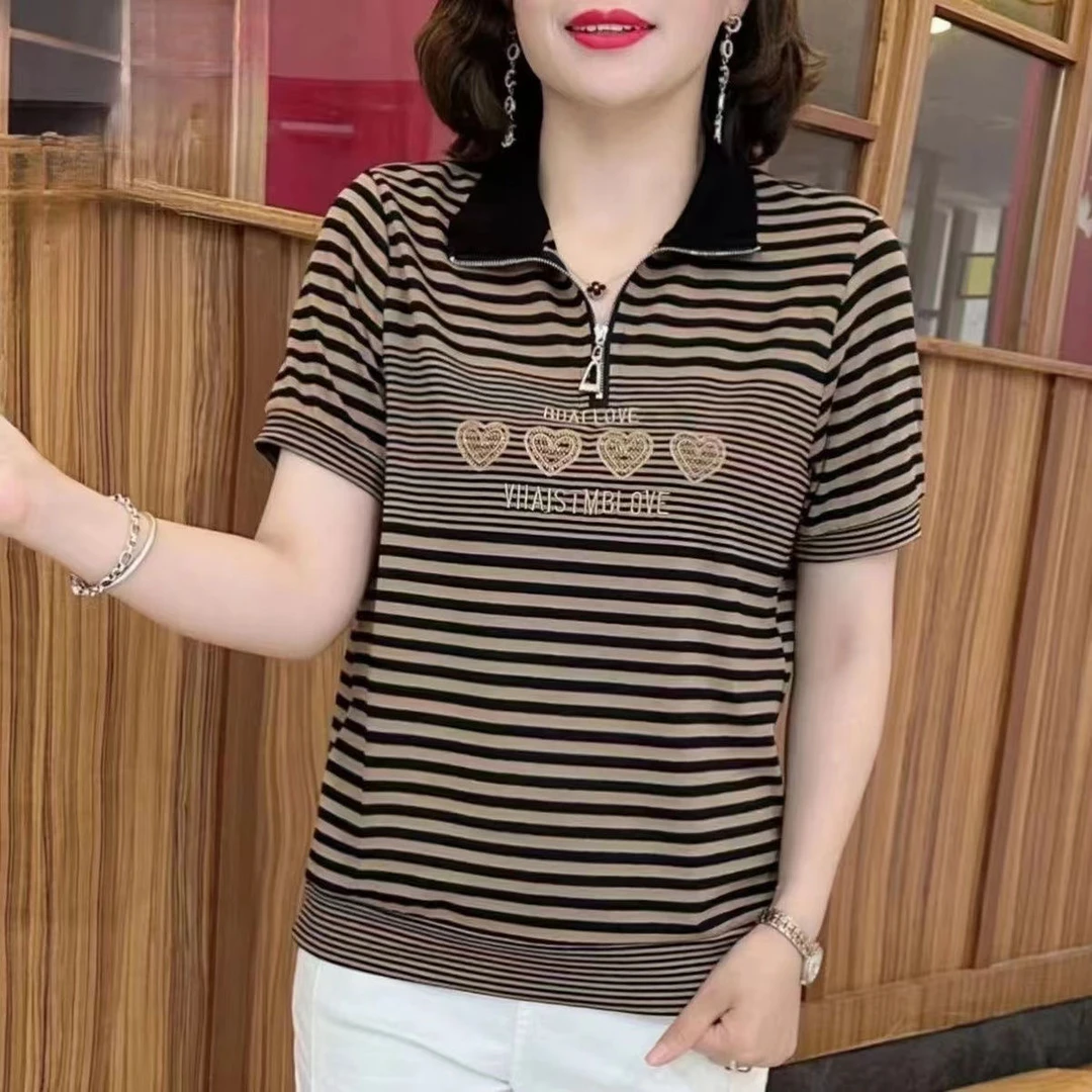 夏季新款女士条纹短袖t恤洋气拉链立领宽松显瘦减龄遮肉气质小衫