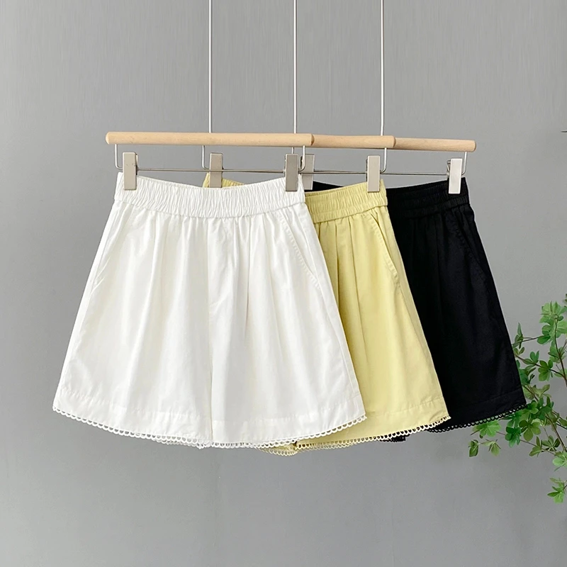 夏季百搭高腰显瘦宽松百搭松紧腰蕾丝拼接阔腿外穿a字休闲短裤女