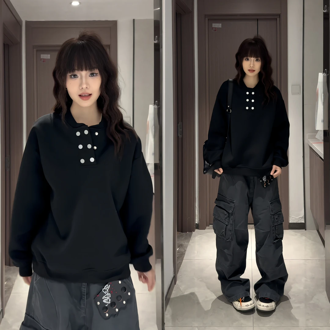 双排扣重磅卫衣男秋冬款美式高街cleanfit亨利领休闲长袖上衣外套