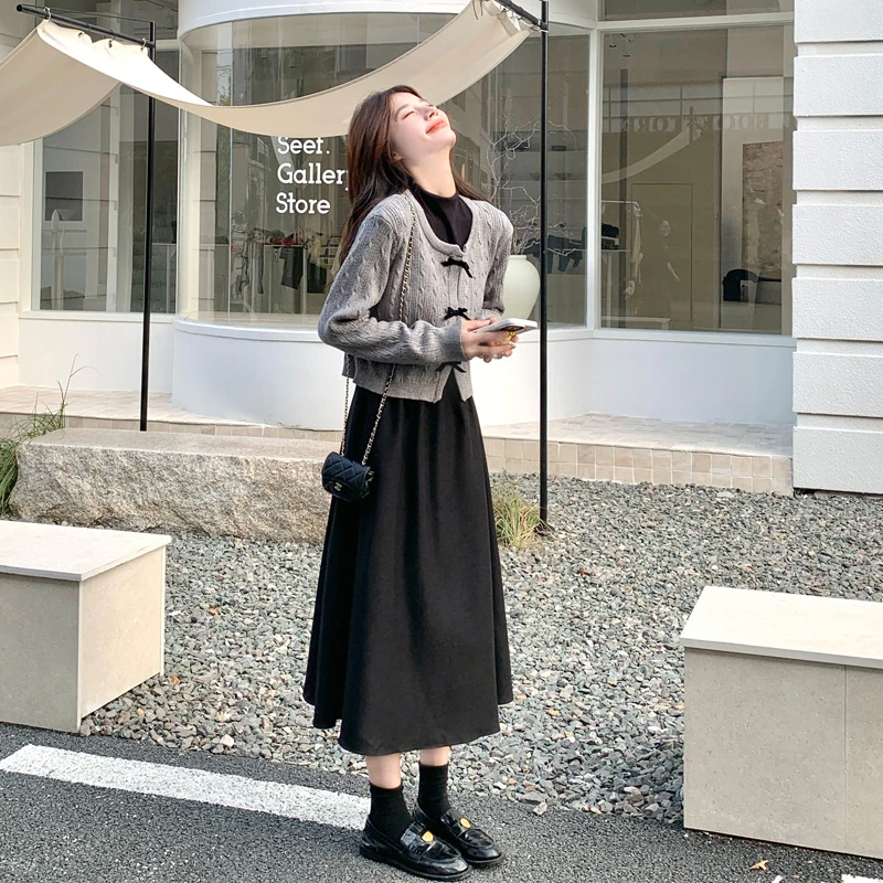 慵懒风蝴蝶结针织开衫背心裙2025春秋新款静奢风韩系ins风套装裙