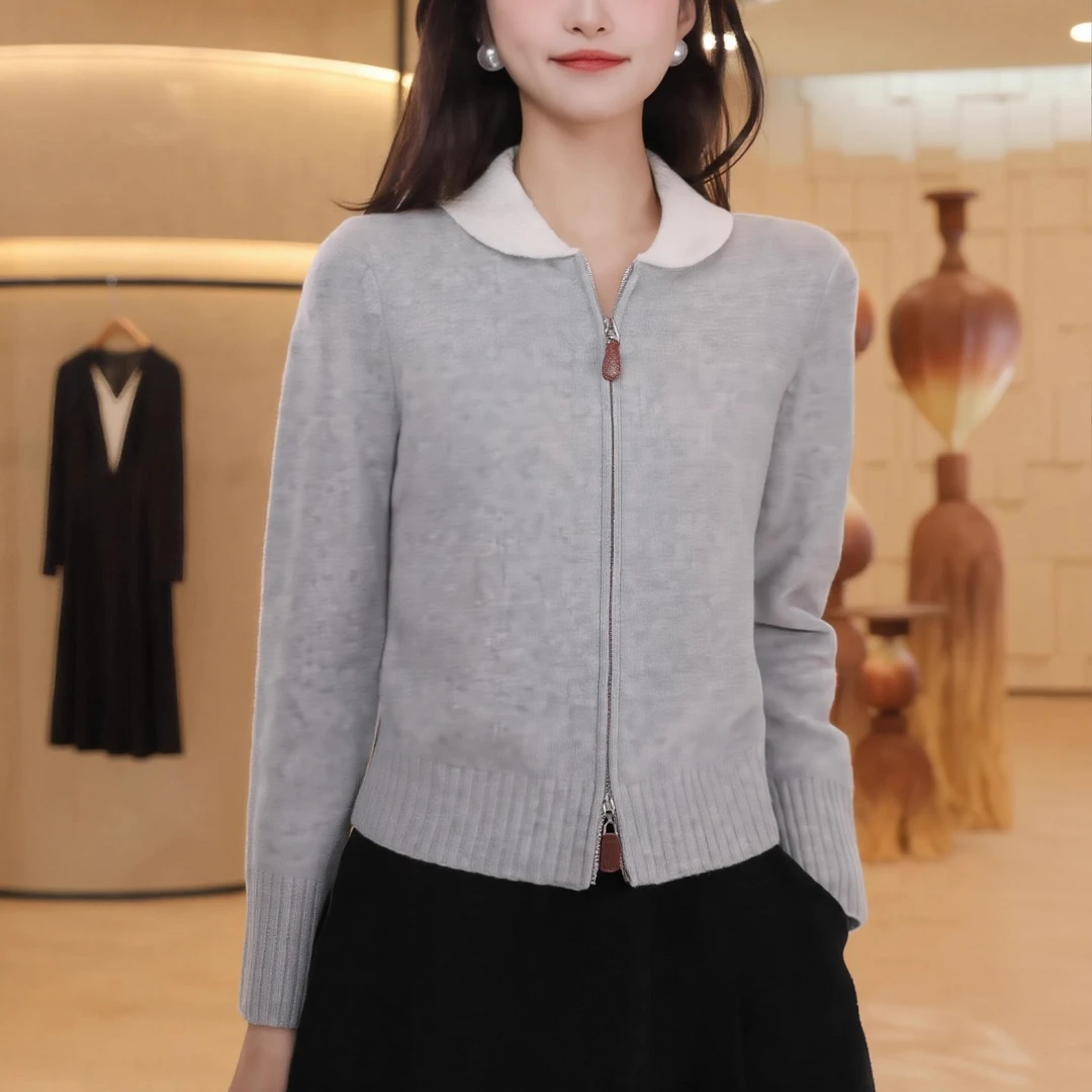 2025秋冬网红新款时尚韩版翻领拉链针织开衫长袖百搭气质毛衣潮