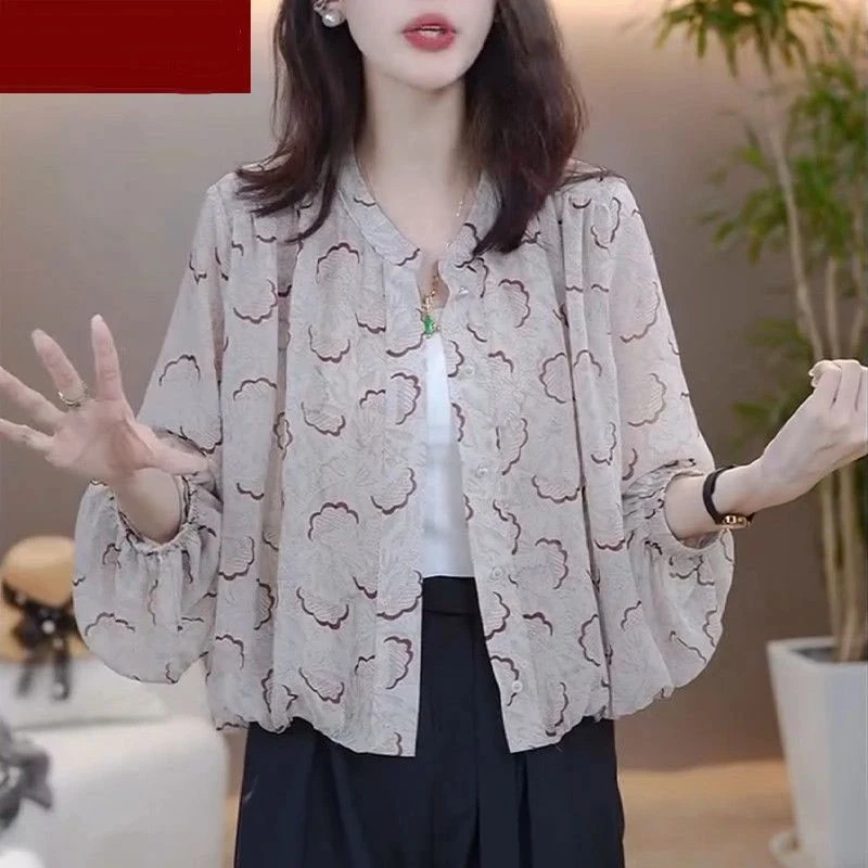 时尚花色薄外套女2024秋季新款宽松休闲百搭洋气长袖开衫上衣女秋