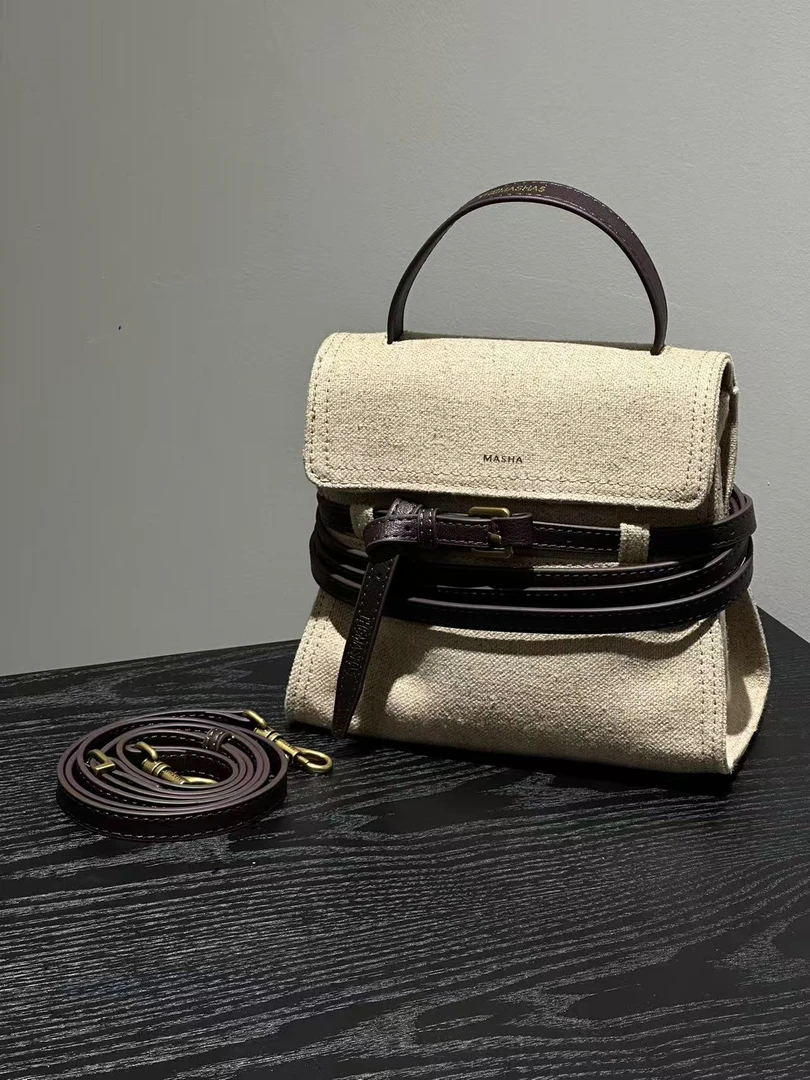 玛莎亚麻拼皮时尚搭扣轻奢斜挎包单肩包